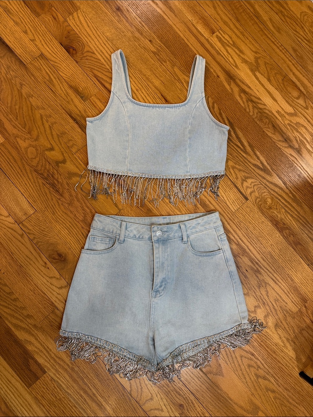 Blue B Collection 2 Piece Light Wash Denim Crop Top/Shorts  w/ Rhinestone Fringe